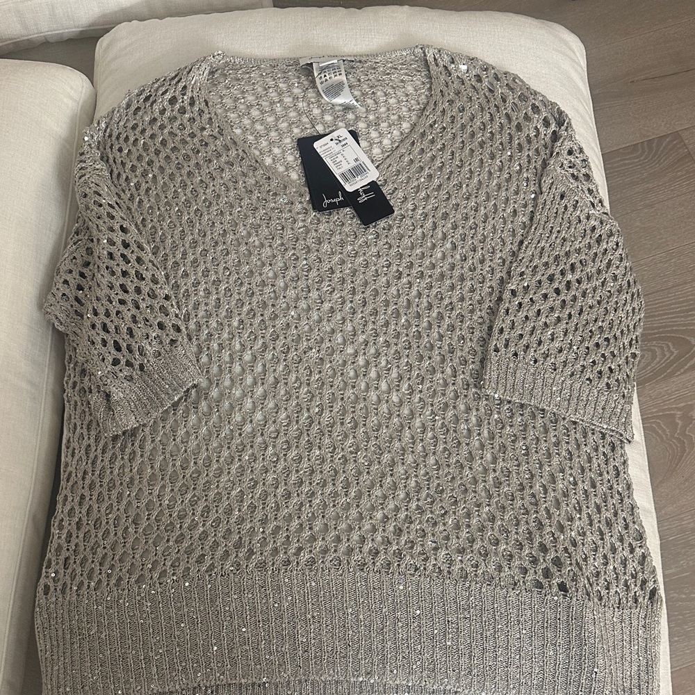 Joseph Ribkoff NWT Champagne Sequin Open Knit Mesh Sweater XL